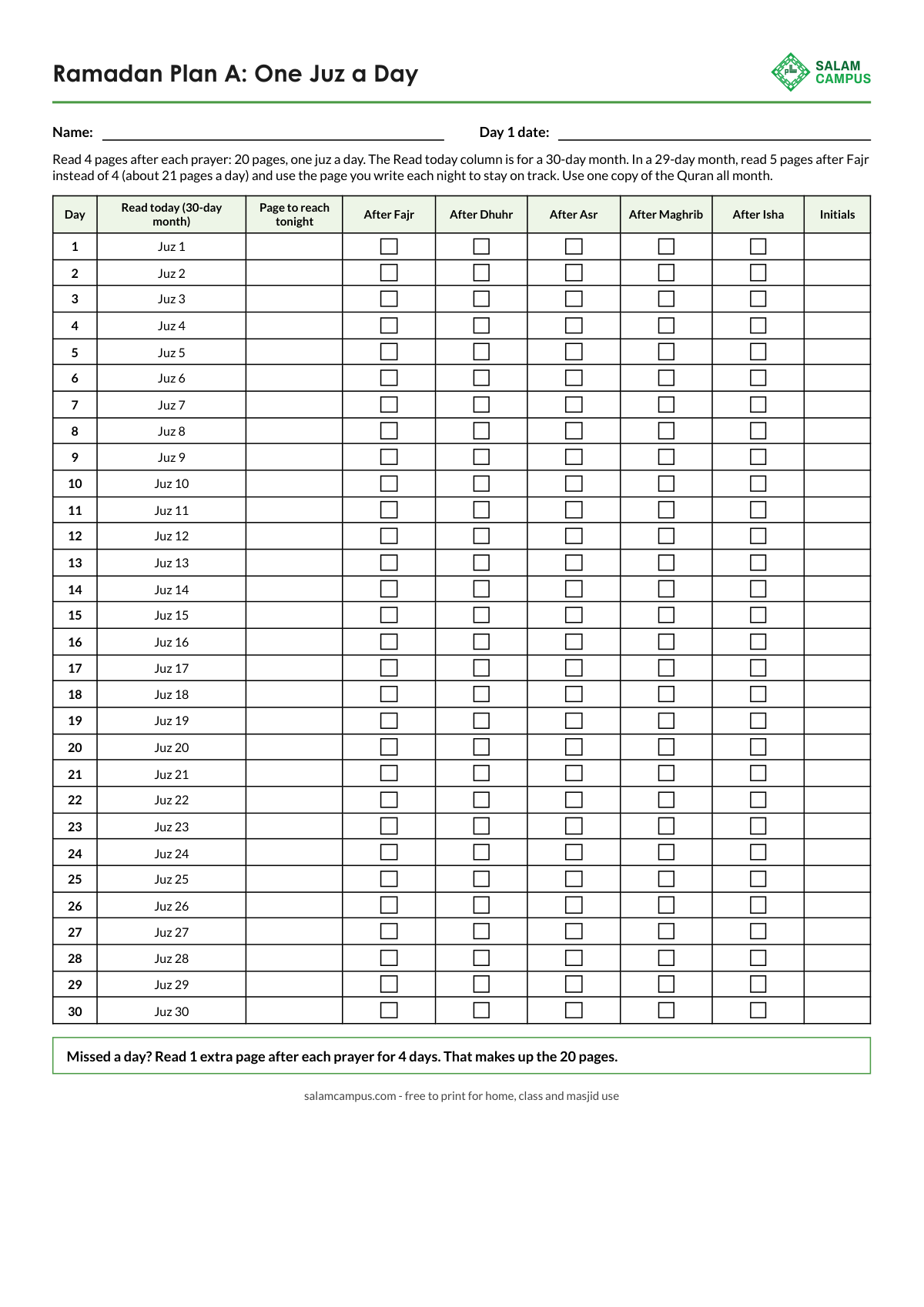 Preview of page 1 of the Ramadan Quran Reading Planner